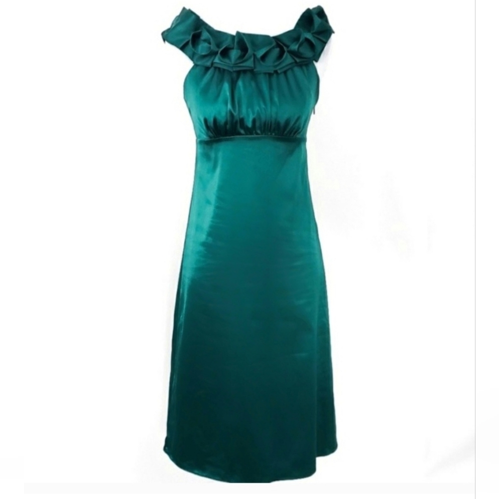 NEW Emerald Green Satin A-Line On/ Off--Shoulder Empire Midi Dress The Limited 2